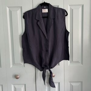 Pure Silk Womens Navy Blue Tie Front Sleeveless Button Up M/L Vintage